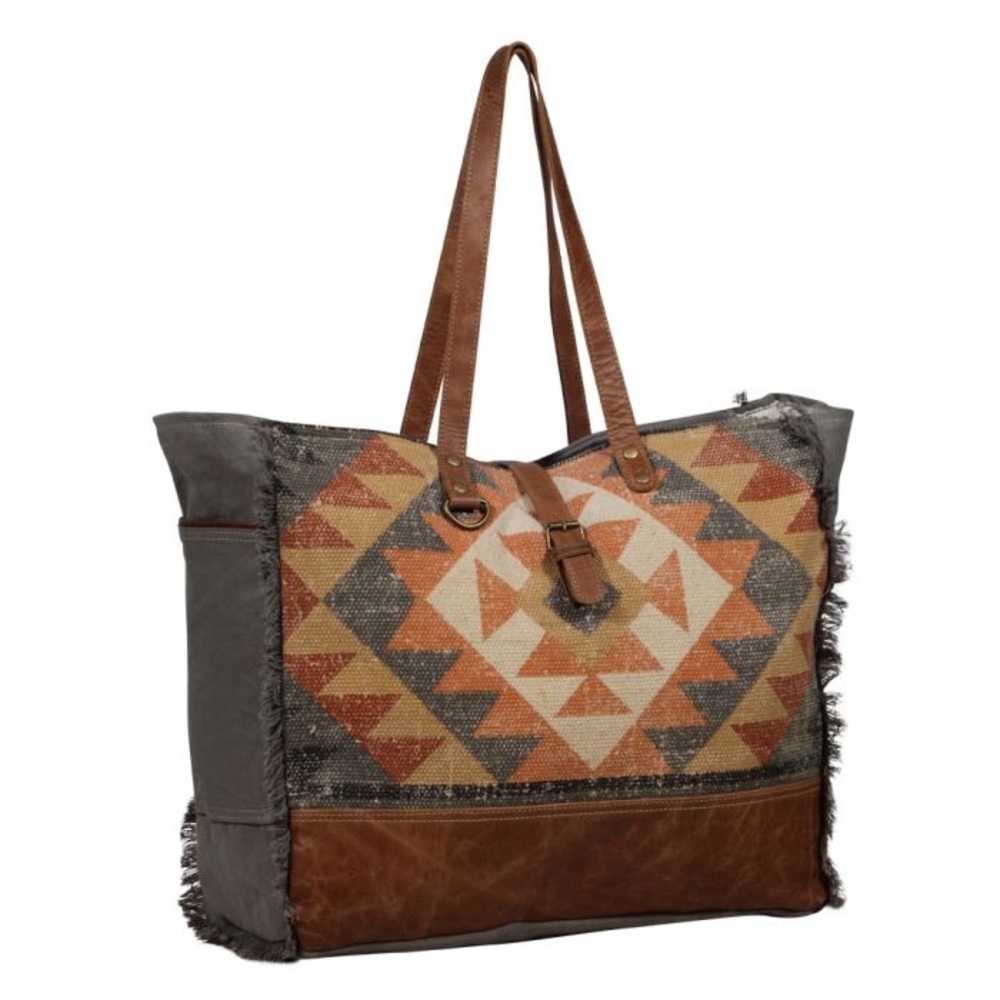 Myra XL Weekender Travel Bag Western Boho Rug Canvas Leather Tote NWT